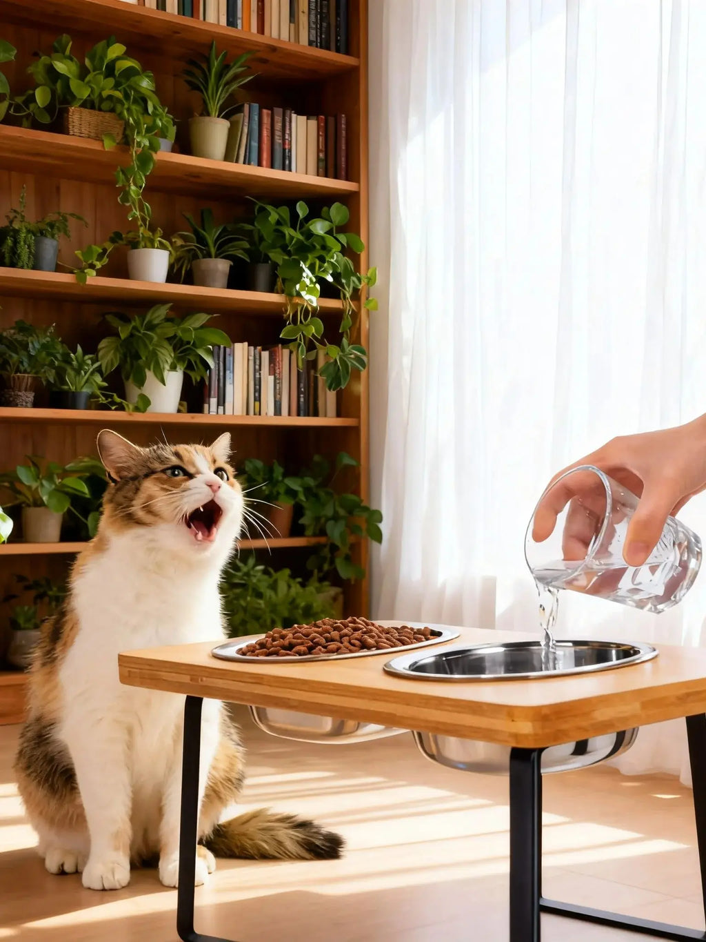 Elevated Cat Bowls 15° Tilted Raised Cat Food Bowls with Wooden Stand Anti Vomiting 2 Stainless Steel Bowls for Cats and Pupp