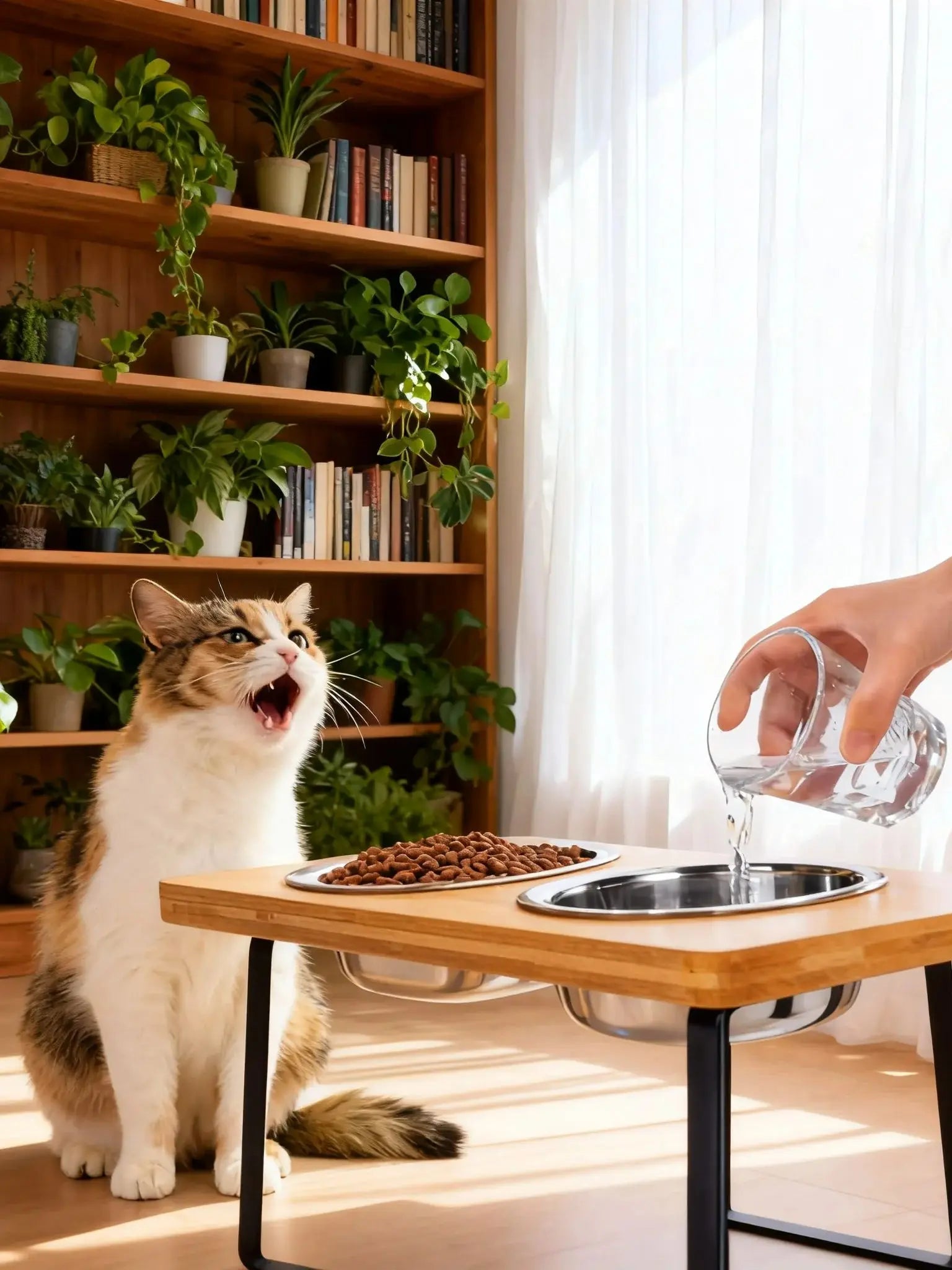 Elevated Cat Bowls 15° Tilted Raised Cat Food Bowls with Wooden Stand Anti Vomiting 2 Stainless Steel Bowls for Cats and Pupp