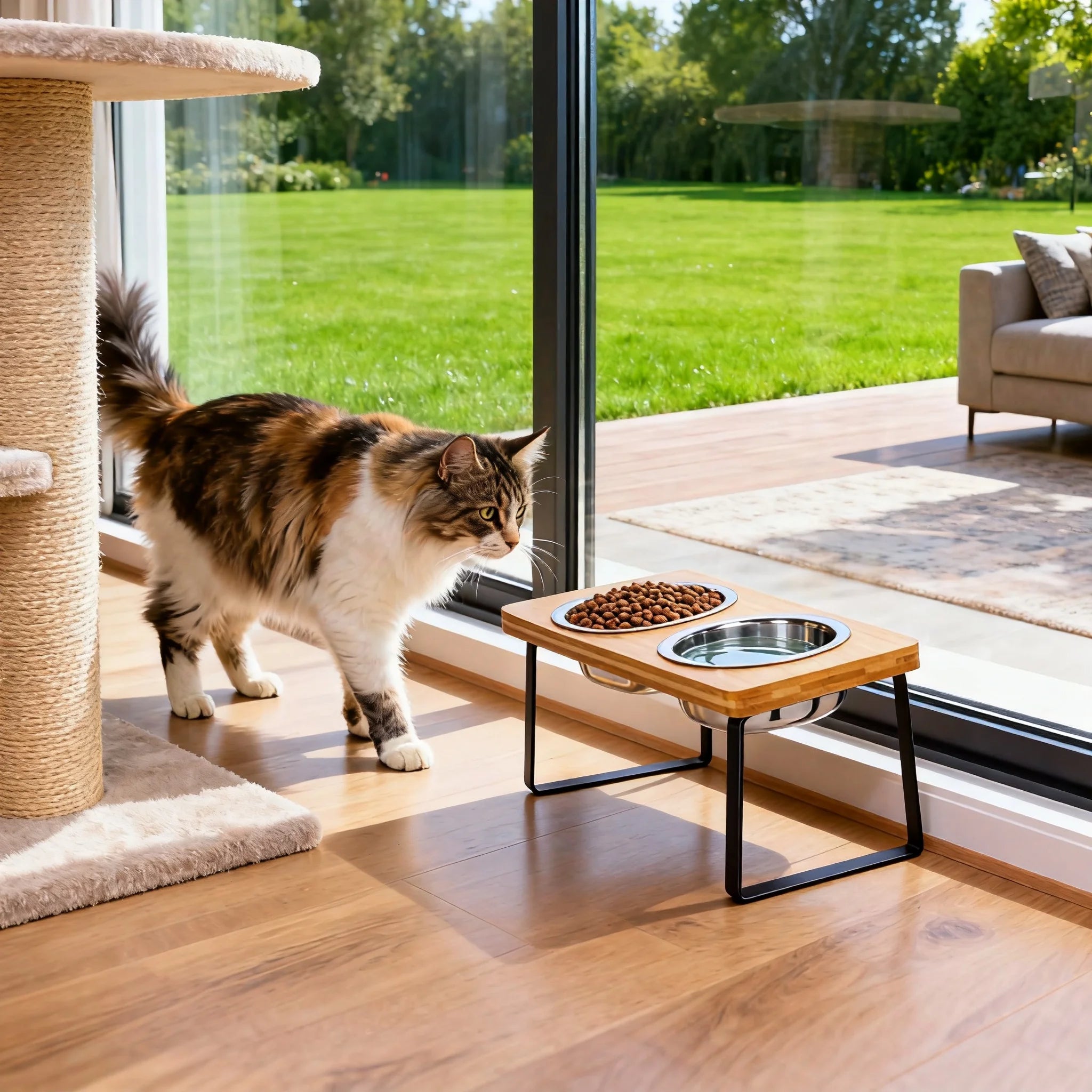 Elevated Cat Bowls 15° Tilted Raised Cat Food Bowls with Wooden Stand Anti Vomiting 2 Stainless Steel Bowls for Cats and Pupp