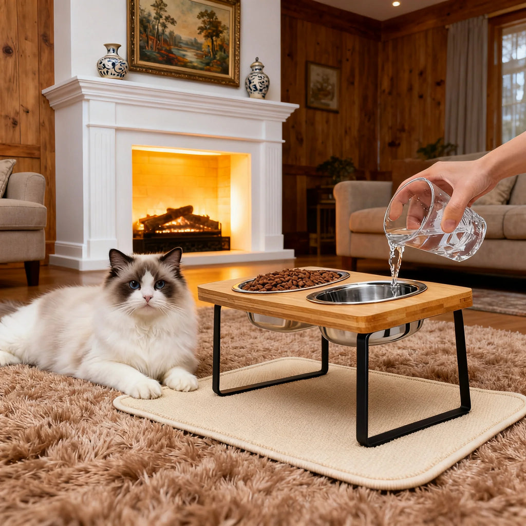 Elevated Cat Bowls 15° Tilted Raised Cat Food Bowls with Wooden Stand Anti Vomiting 2 Stainless Steel Bowls for Cats and Pupp
