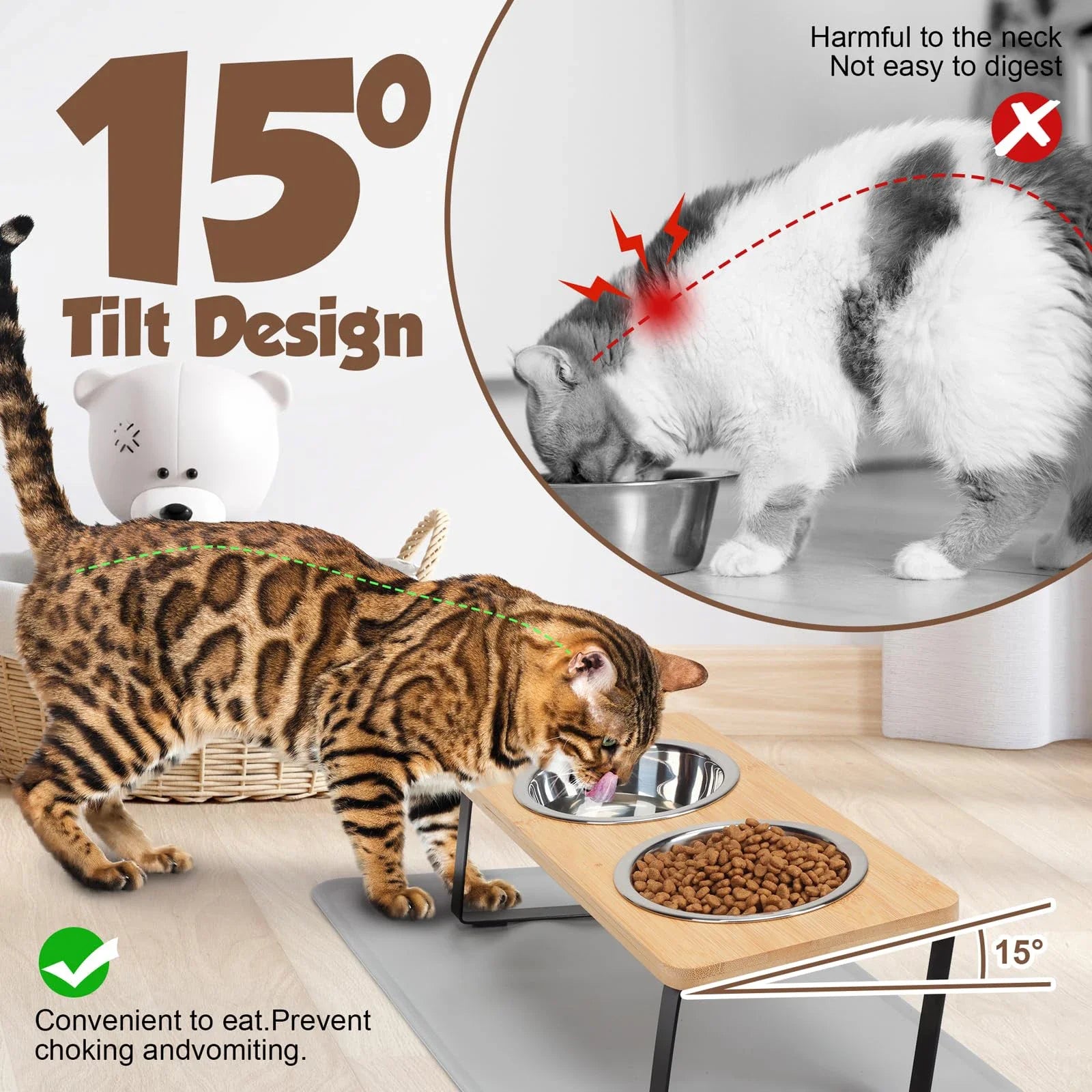 Elevated Cat Bowls 15° Tilted Raised Cat Food Bowls with Wooden Stand Anti Vomiting 2 Stainless Steel Bowls for Cats and Pupp