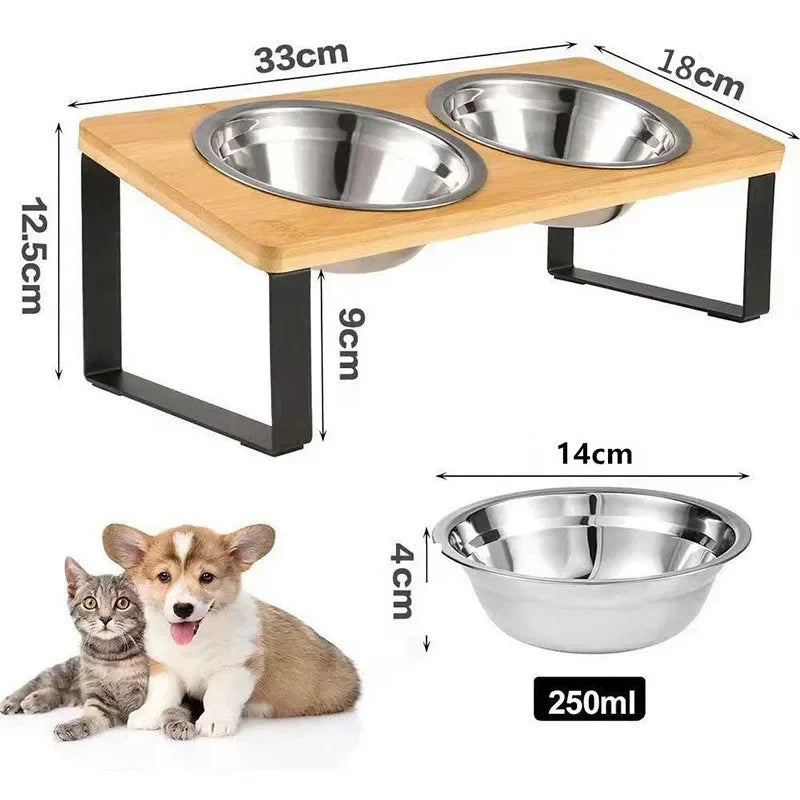Elevated Cat Bowls 15° Tilted Raised Cat Food Bowls with Wooden Stand Anti Vomiting 2 Stainless Steel Bowls for Cats and Pupp