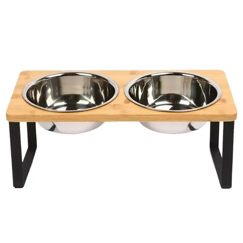 Elevated Cat Bowls 15° Tilted Raised Cat Food Bowls with Wooden Stand Anti Vomiting 2 Stainless Steel Bowls for Cats and Pupp