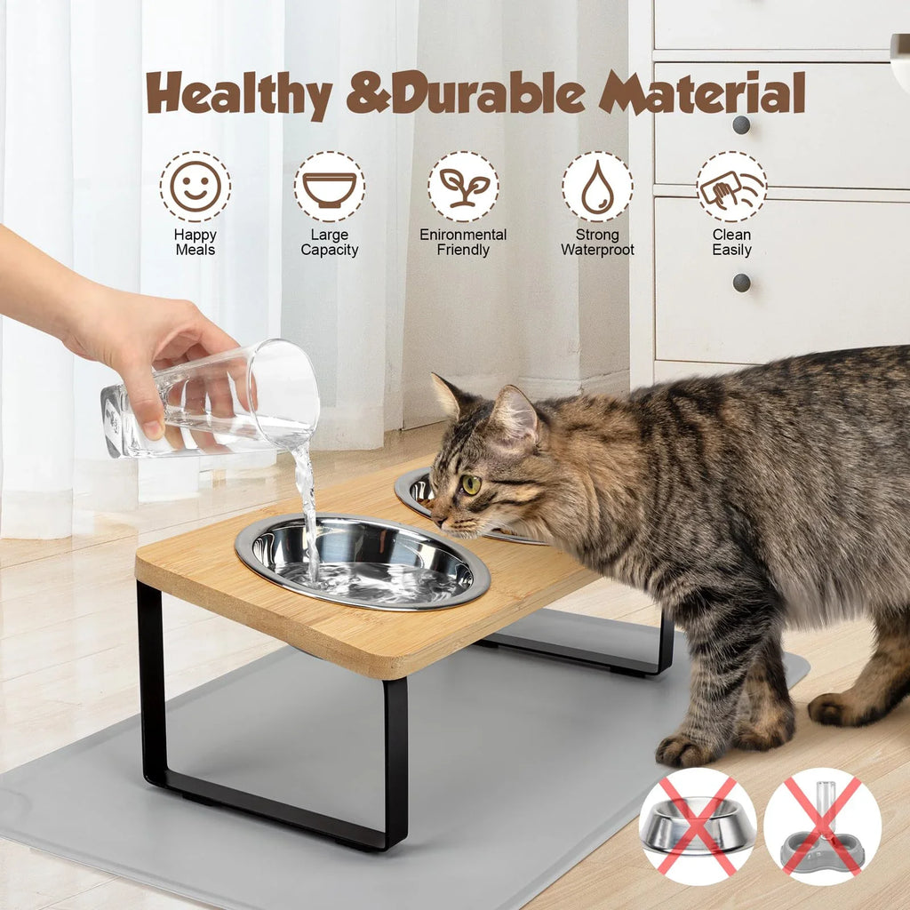 Elevated Cat Bowls 15° Tilted Raised Cat Food Bowls with Wooden Stand Anti Vomiting 2 Stainless Steel Bowls for Cats and Pupp