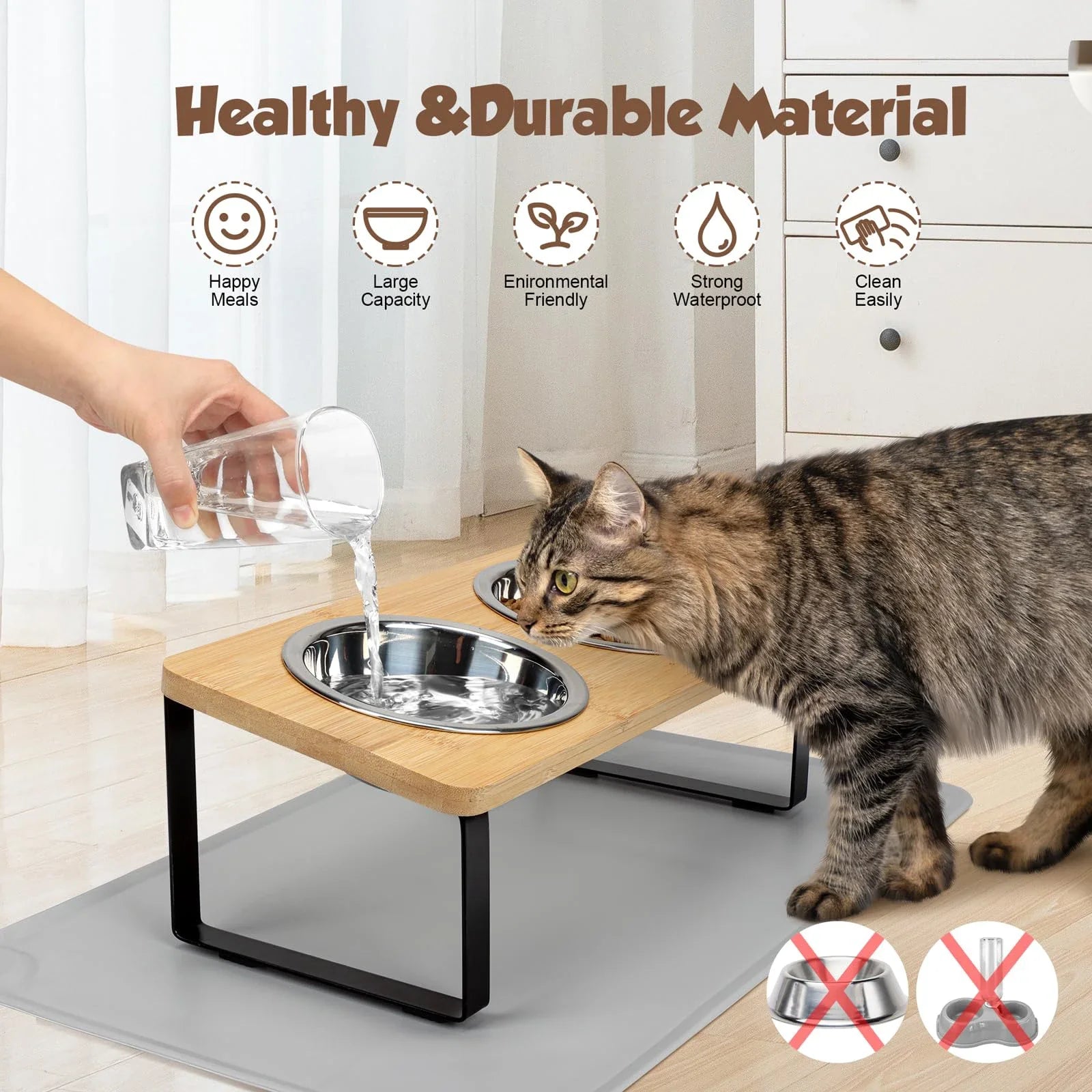 Elevated Cat Bowls 15° Tilted Raised Cat Food Bowls with Wooden Stand Anti Vomiting 2 Stainless Steel Bowls for Cats and Pupp
