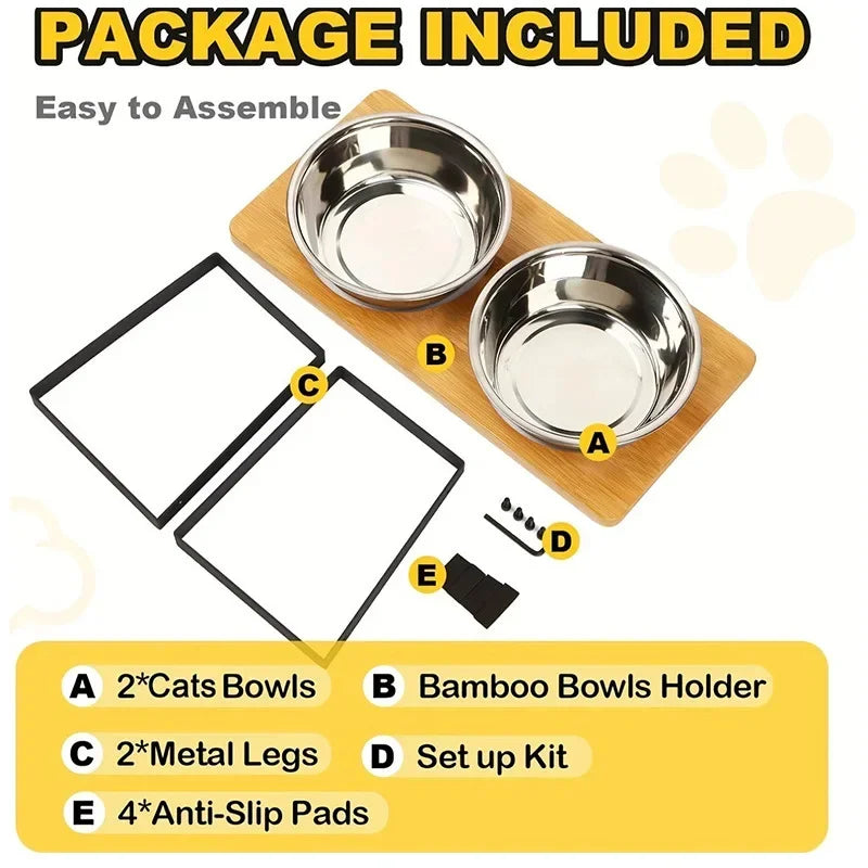 Elevated Cat Bowls 15° Tilted Raised Cat Food Bowls with Wooden Stand Anti Vomiting 2 Stainless Steel Bowls for Cats and Pupp
